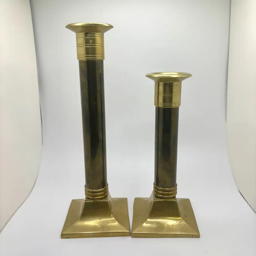 Pair Of Graduated Brass Candlestick Holders 3 Ring Detail 8.5” & 6.75”
