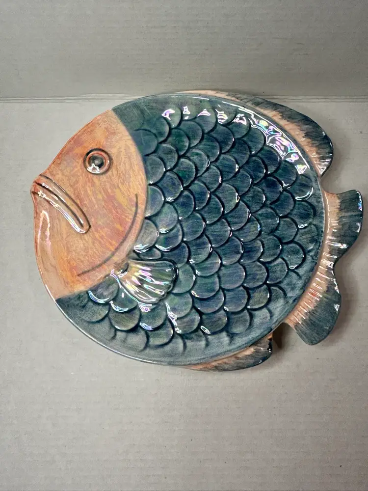 Henricksen Imports Iridescent Blue and Peach Fish Plate