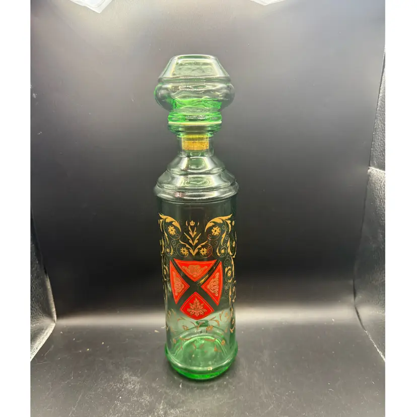 Vintage Old Fitzgerald Green Glass Liquor Decanter With Red And Gold Shield