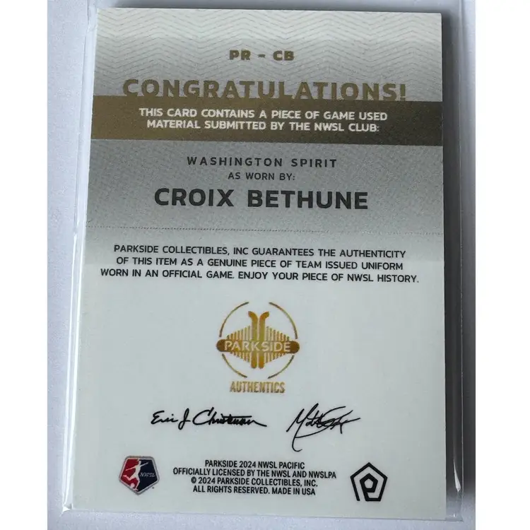 Croix Bethune 2024 Parkside Pacific Relic Washington Spirit Game Worn