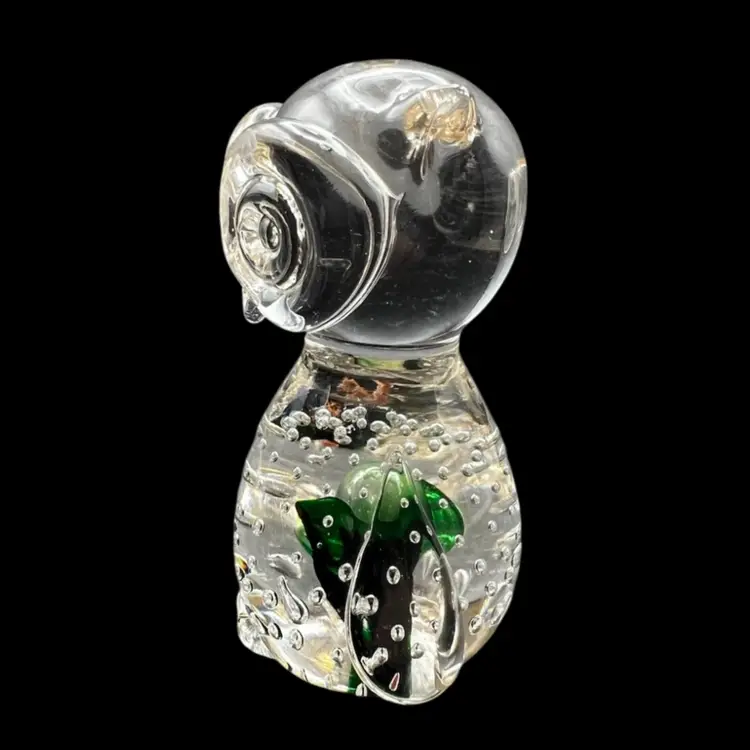 #210B Vintage Hand Blown Art Glass Owl Figurine/Paperweight With Controlled Bubbles Clear With A Green Core