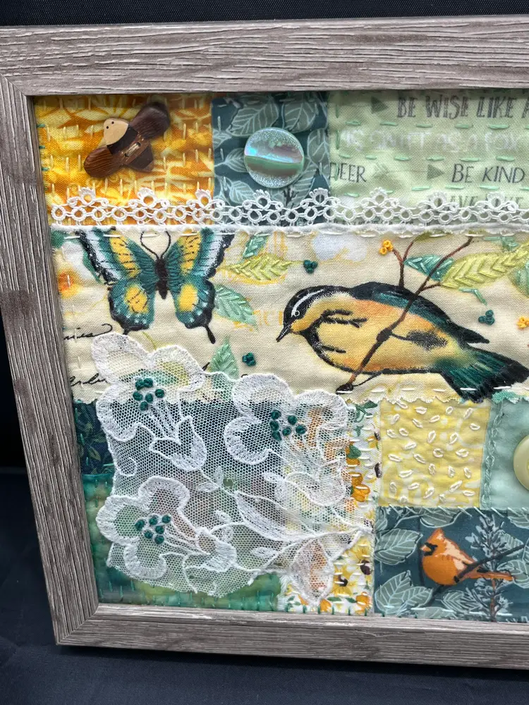 Made By Me Hand Sewn and Embroidered Fabric Collage Framed Art "Birds and Butterflies"