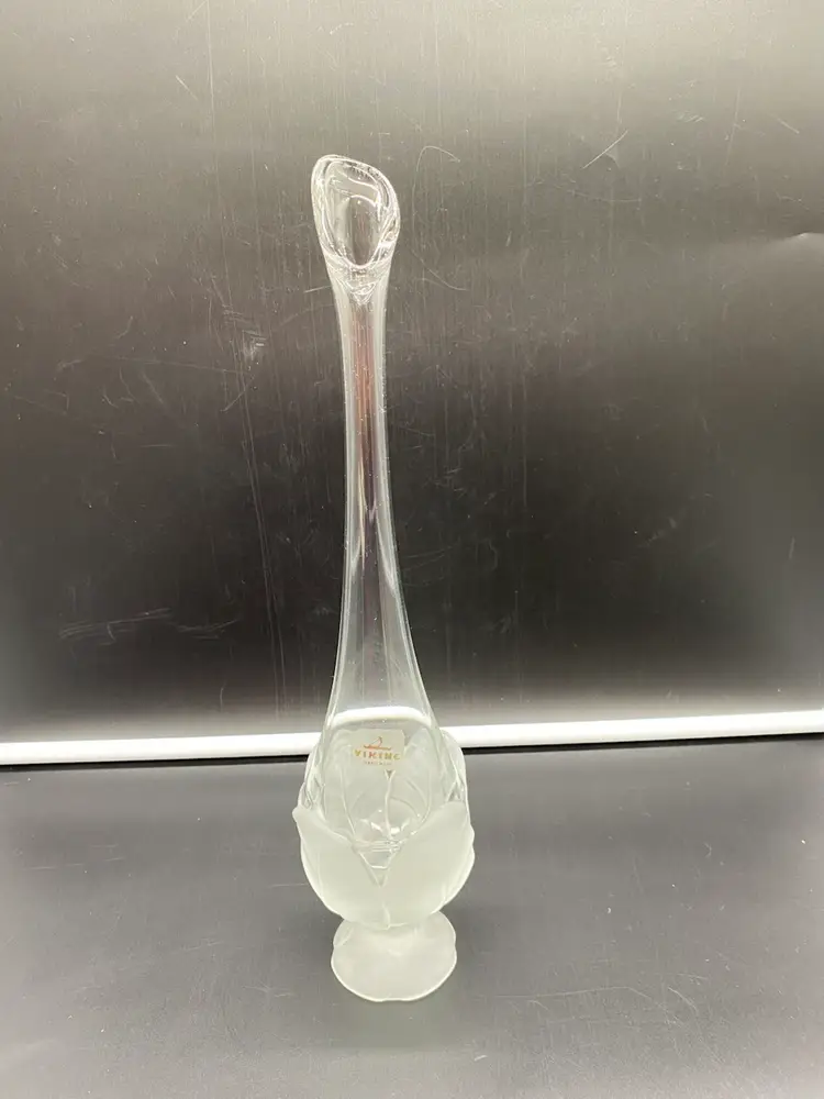 Vintage Viking Glass Clear Frosted Cabbage Leaf Swung Vase Hand Made 13.5"