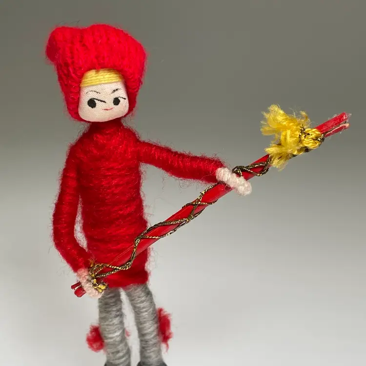 Anne Beate Vintage Yarn Wrap Doll Boy With Fishing Pole Denmark Red Winter Hat 4"