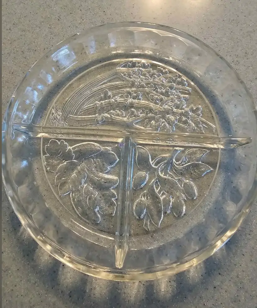 Indiana Glass intaglio divided glass relish or vegetable dish