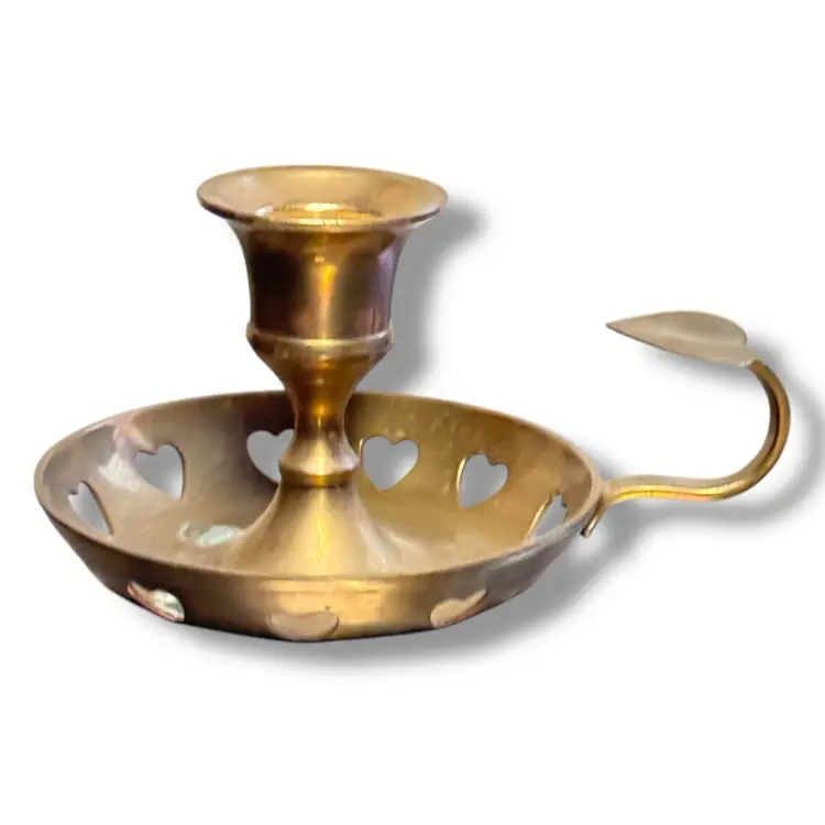 Brass Heart Handle Decorated  Candle Stick Holder VTG Valentine W/ Minor Tarnish