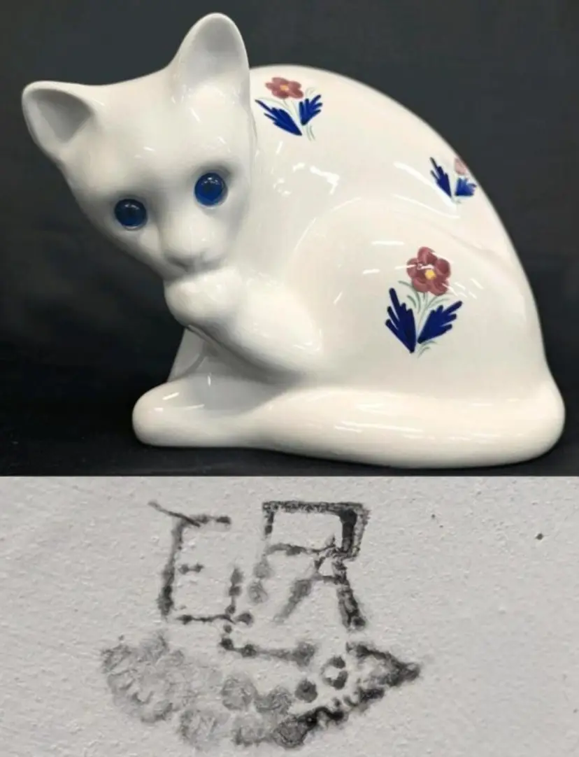 Vintage Elpa Alcobaca White Ceramic Cat Figurine Made in Portugal, featuring blue glass eyes and hand-painted floral details