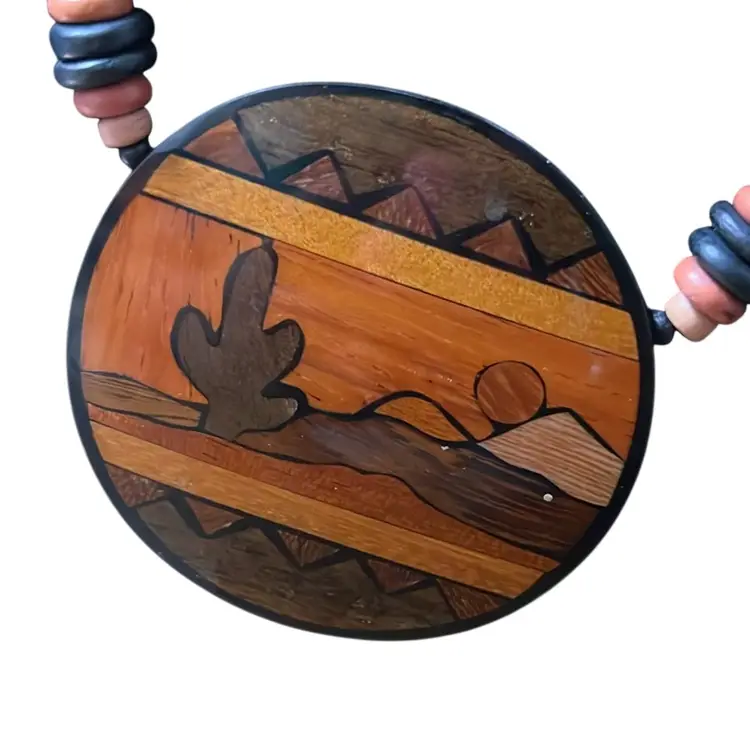Wooden Beaded Necklace w/ a Round, Hand-painted Desert scene pendant (Arizona?) Sterling Silver Clasp