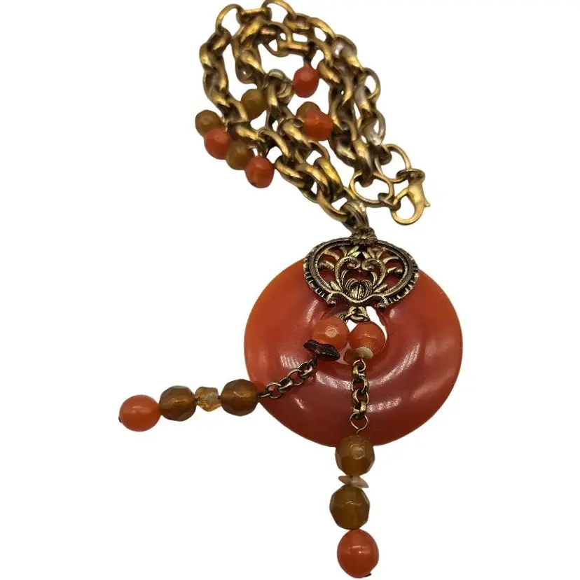 Vintage Orange Beaded Pendant Necklace