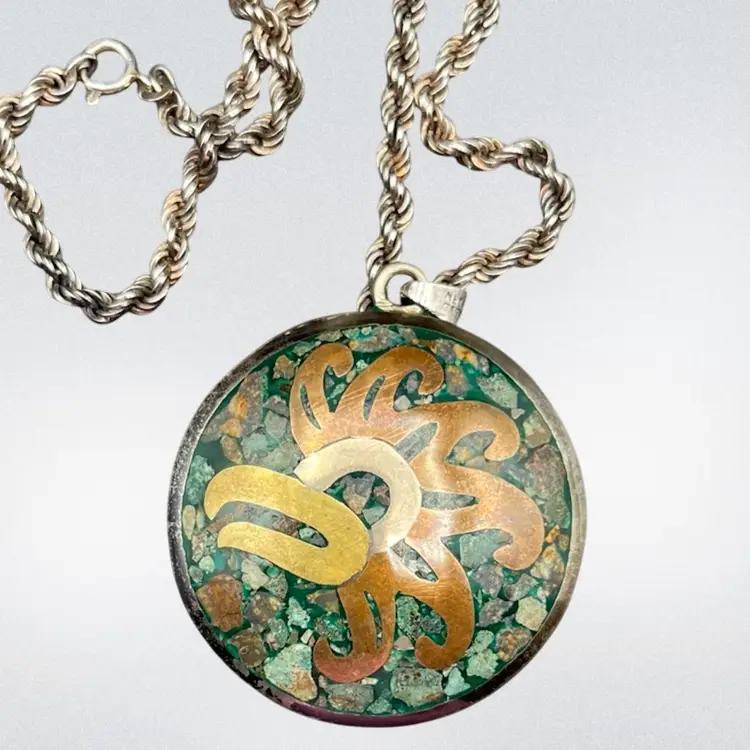 Taxco Mexico 925 Sterling Silver, Copper, Turquoise Inlay Pendant With Twist Rope Chain