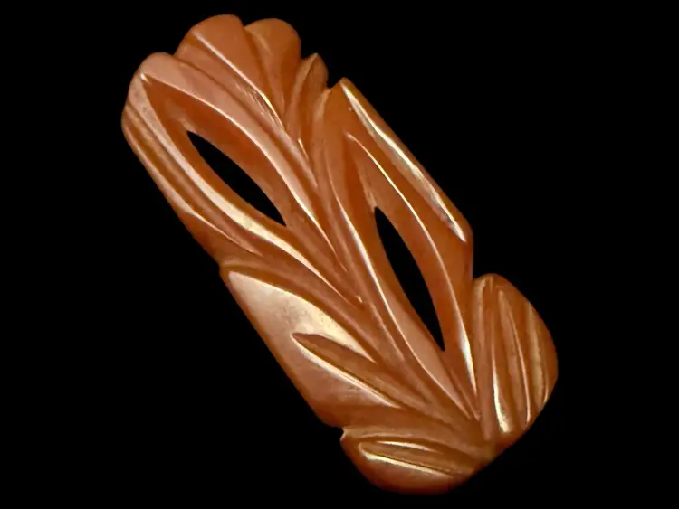 Carved Carmel Bakelite Brooch 2.5”