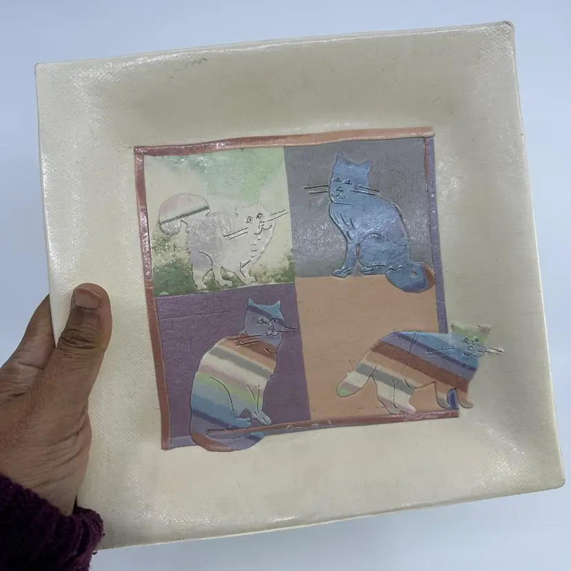 Vintage Signed Kamrass Kiok NYC Studio Pottery Cat Square Platter