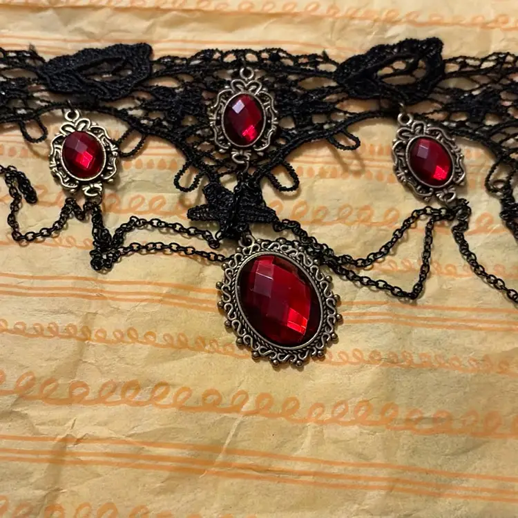 Hand Crocheted Black Choker Necklace With Red Dangle Stones Vintage