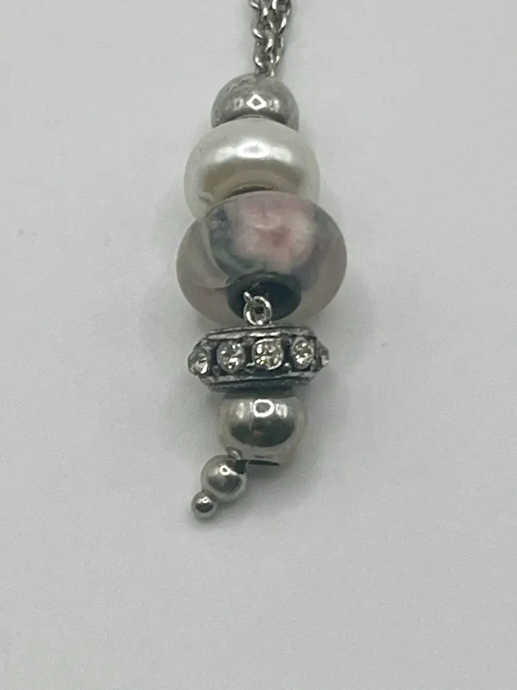 Vintage Bella Perlina Charm Crystal Bead Silver Tone Necklace Pink Beach 16”
