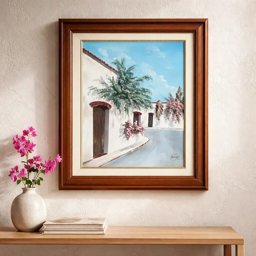 Framed Artist Signed Original Canvas Painting of a Spanish-style White House