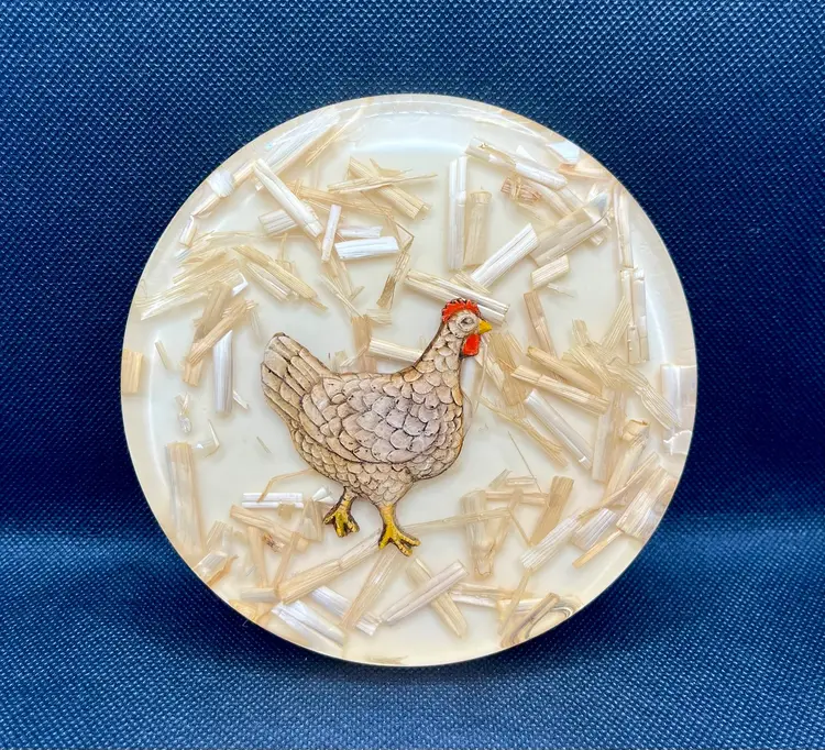Vintage 1970s Farm Chicken and Straw Resin Lucite Trivet Spoon Rest Mid Century