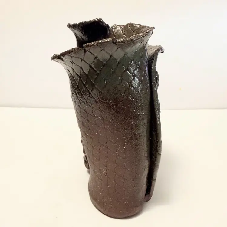 Art Pottery Double Sided Vase Split Rim Applied Buttons Signed Artist BB