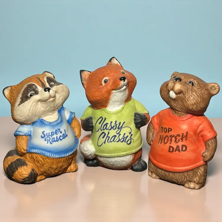 3 VTG Hallmark Shirt Tales Ceramic Figures 5" Fox Gopher Raccoon 1981