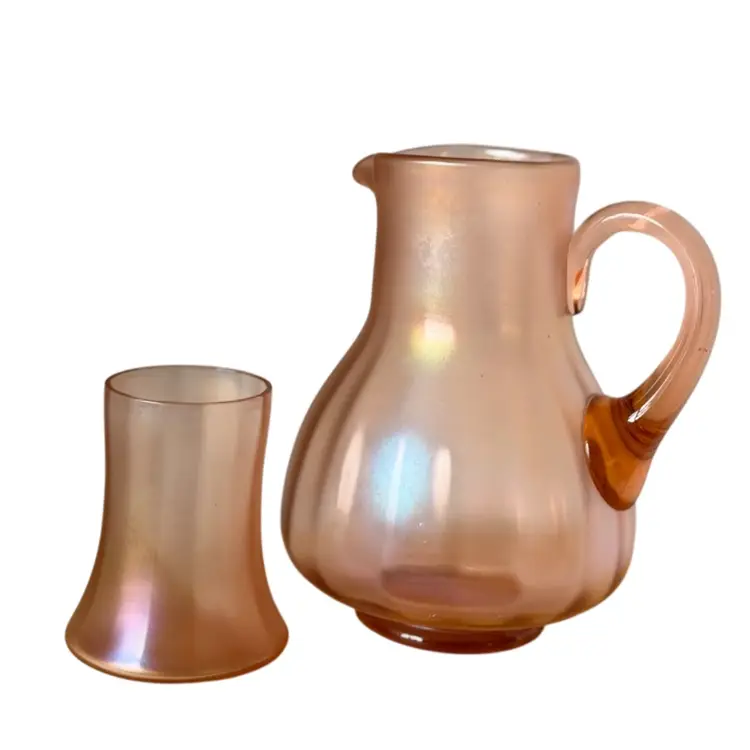 1920’s FENTON #200 Guest Set Velva Rose Pink/peach Iridescent Stretch Glass Tumble Up 
7-3/4” T x 6” W (w/handle)