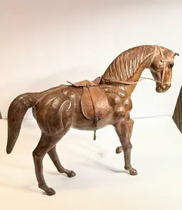 VTG 12" Long Hand Carved Wooden Leather Wrapped Equestrian Horse Statue Figurine