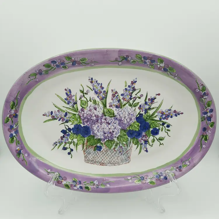 Lavender Floral Oval Serving Platter Tray Basket Bouquet of Flowers