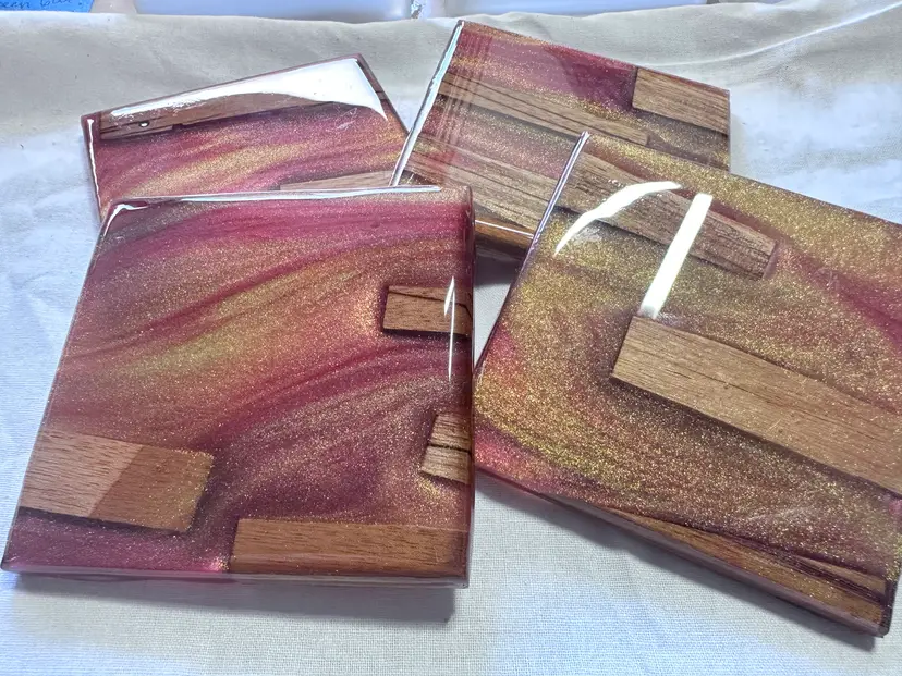 Burgundy Gold Black Epoxy and Brazilian Zebra wood - 4 Coaster river-table-style Set