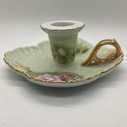 10 - Vintage Lefton Porcelain Hand Painted Heritage Green Pink Rose Bloom Candleholder