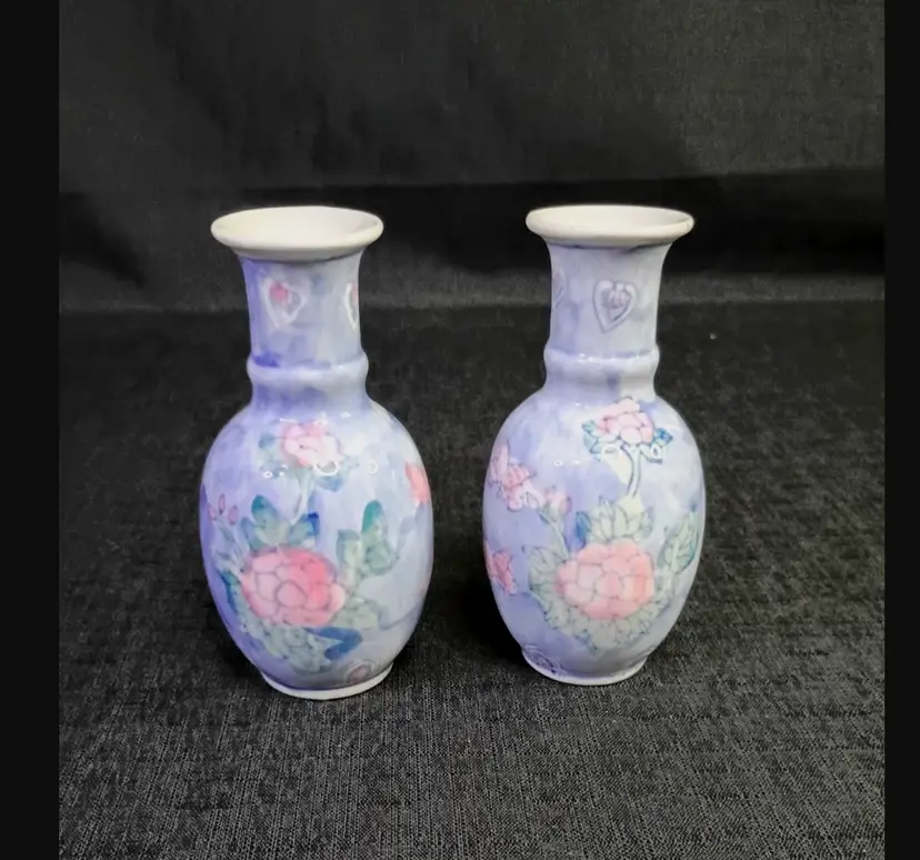 Vintage Porcelain Blue And White Bud Vases W Pink Flowers And Butterflies