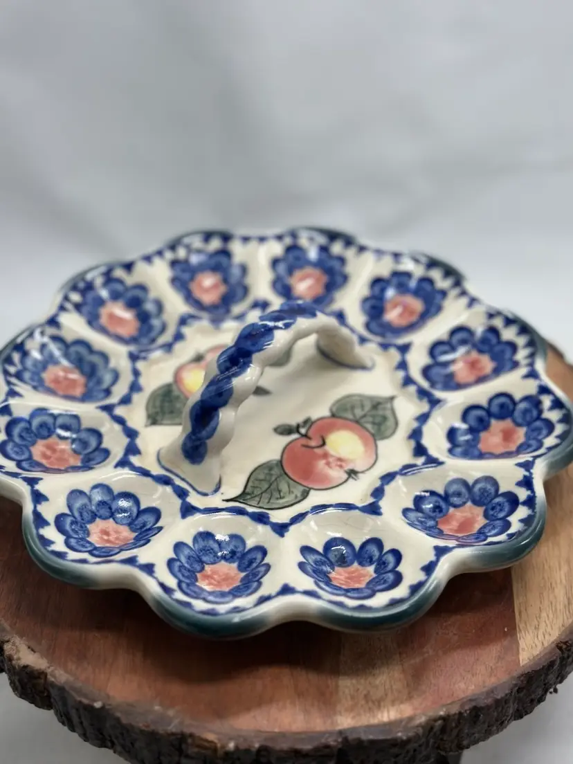 UNIKAT Monika Peacock Forget Me Not Polish Pottery Deviled Egg Handled Plate