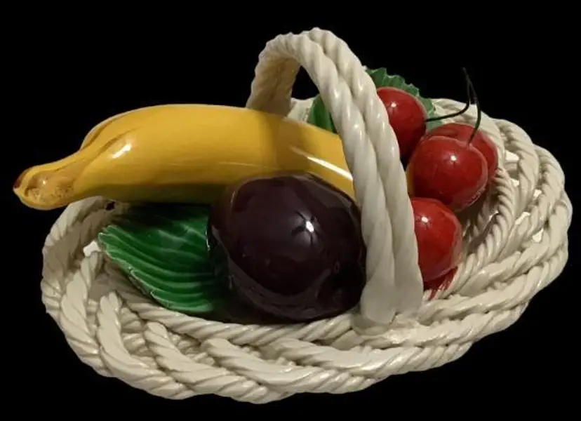 Vintage Capodimonte Oval Ceramic Woven Art Fruit Basket Made in Italy Farmhouse