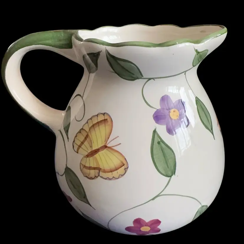 Vintage Ceramic Butterfly / Lady Bug Flower Pitcher