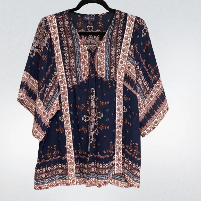 Navy Printed Boho Empire Seam V-Neck Blouse With Tie Sz XL