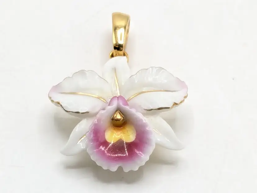 Porcelain Orchid Pendant Gold Tone Summer Jewelry