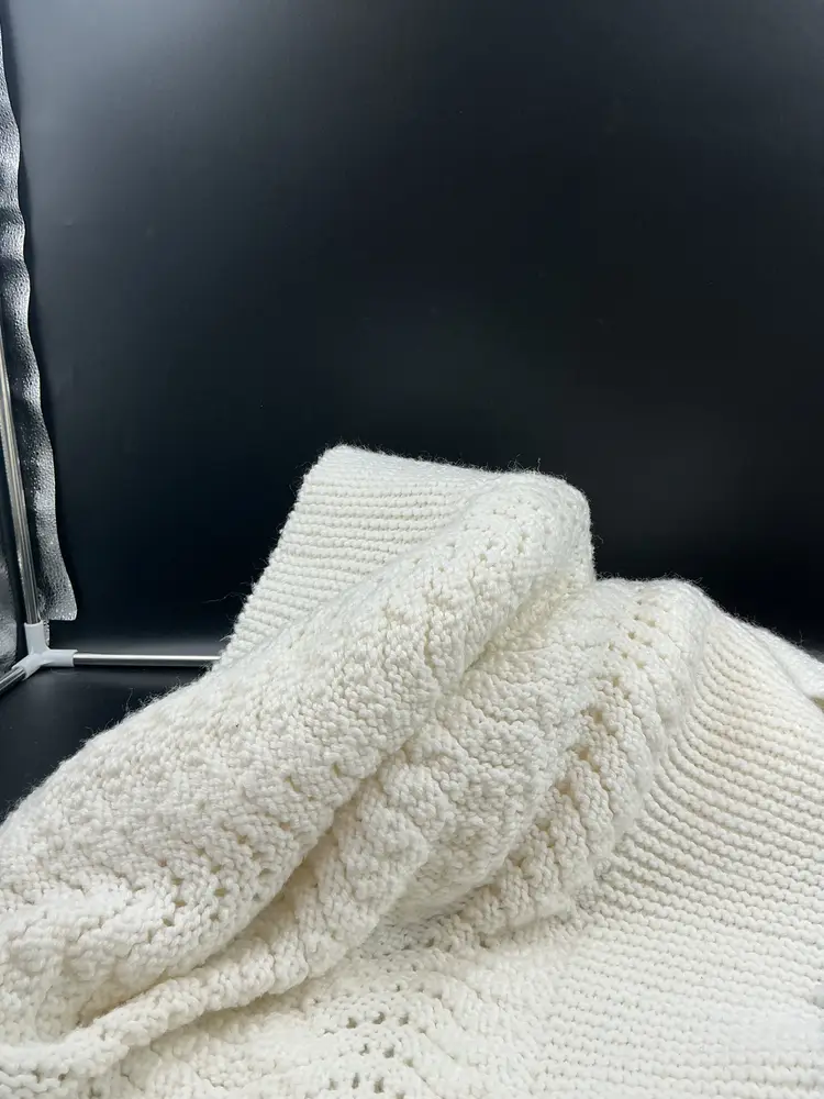 White baby afghan or shawl, interesting and unique pattern, 36x42, knitted