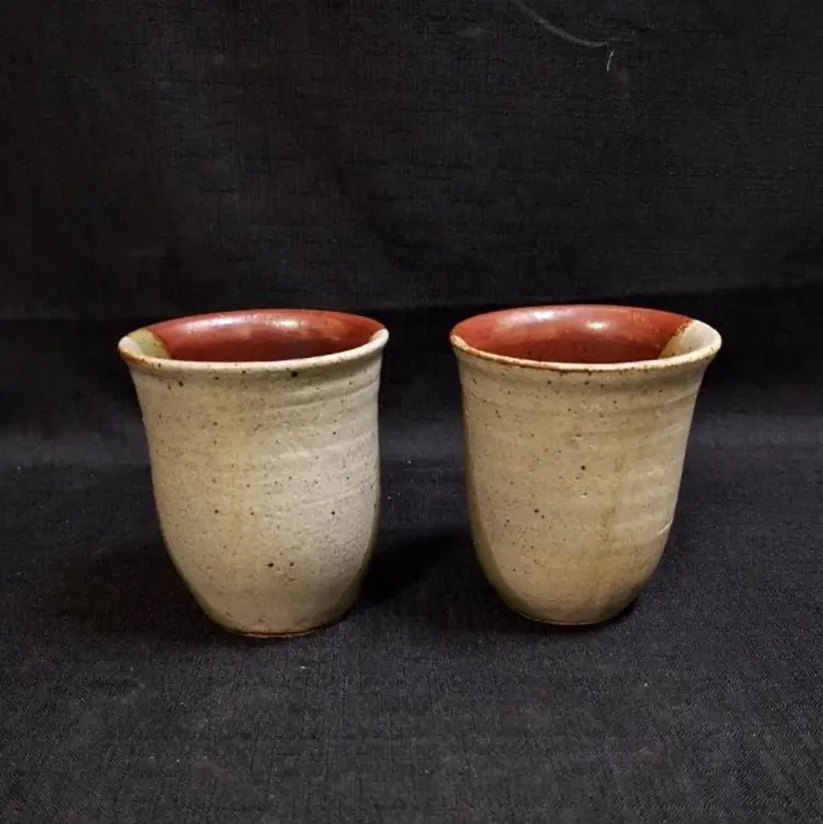 2 Vintage Signed Studio Pottery Ceramic Brown Tan Red Glazed Tumbler Cups