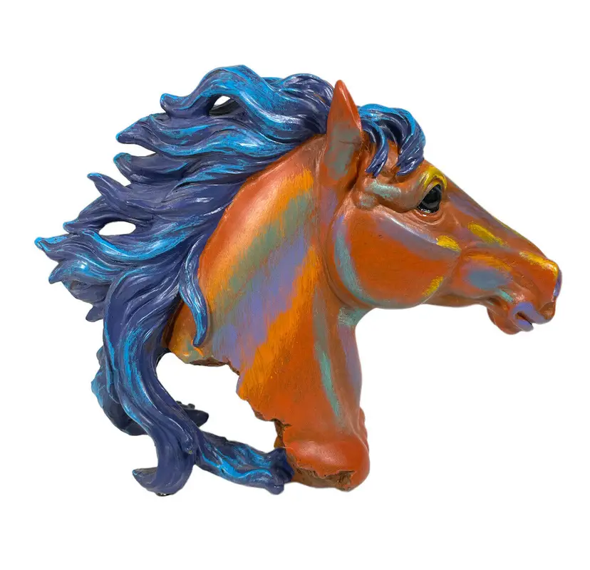 Colorful Art Horse Head Bust Figurine Blue Mane Wild & Free Multi Color Western