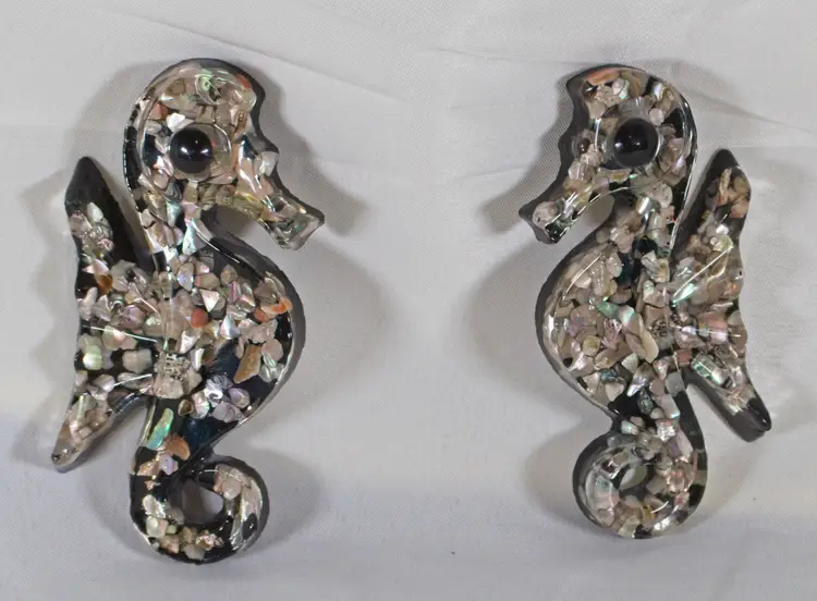 Vintage Set of 2 Black Lucite & Abalone Seahorse Wall Plaques