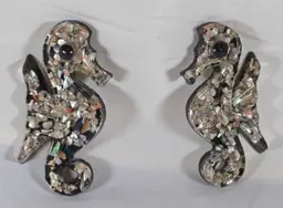 Vintage Set of 2 Black Lucite & Abalone Seahorse Wall Plaques