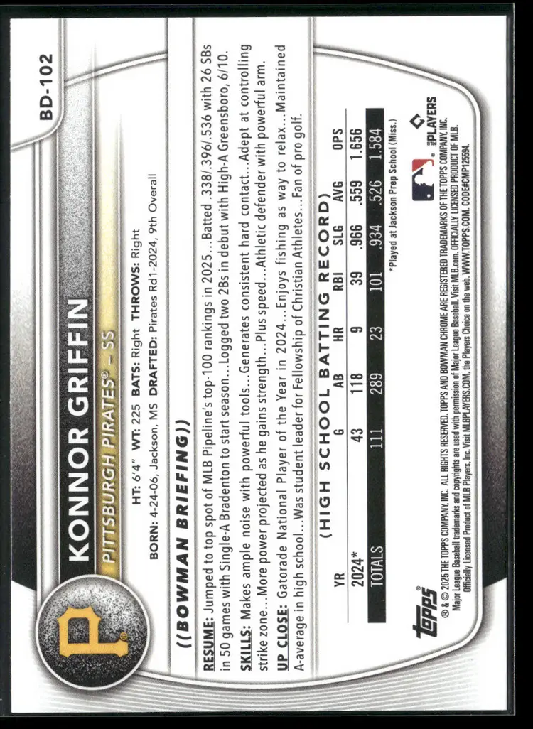 Konnor Griffin 2025 Bowman Chrome Prospects Pittsburgh Pirates