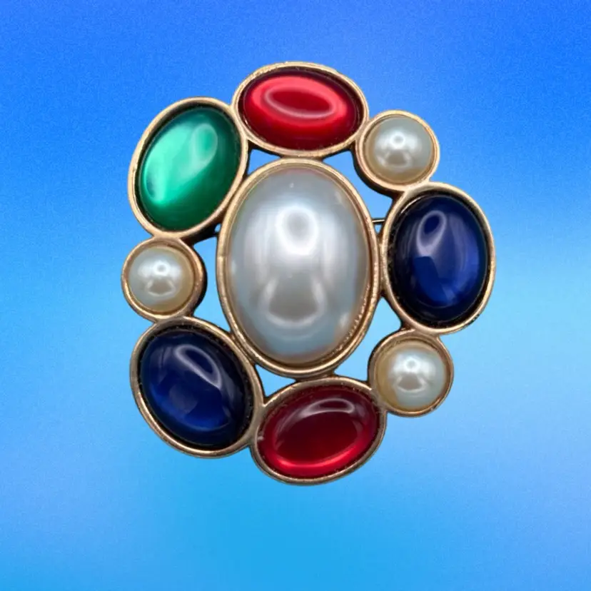 Vintage Avon Jewel Tone Cabochon & Faux Pearl Brooch – 1980s Statement Pin