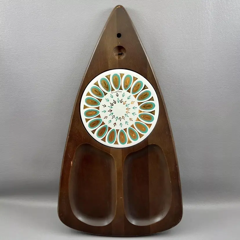Vintage Fred Press Wood MCM Cheese Board Made In Japan 1960s Mid Century Modern Serv Wood Turquoise Gold White