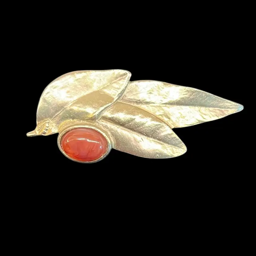 Vintage Pisces Enrique Lopez Pin Brooch Amber Colored Cabochon Gold Tone Leaves Signed 3.5”