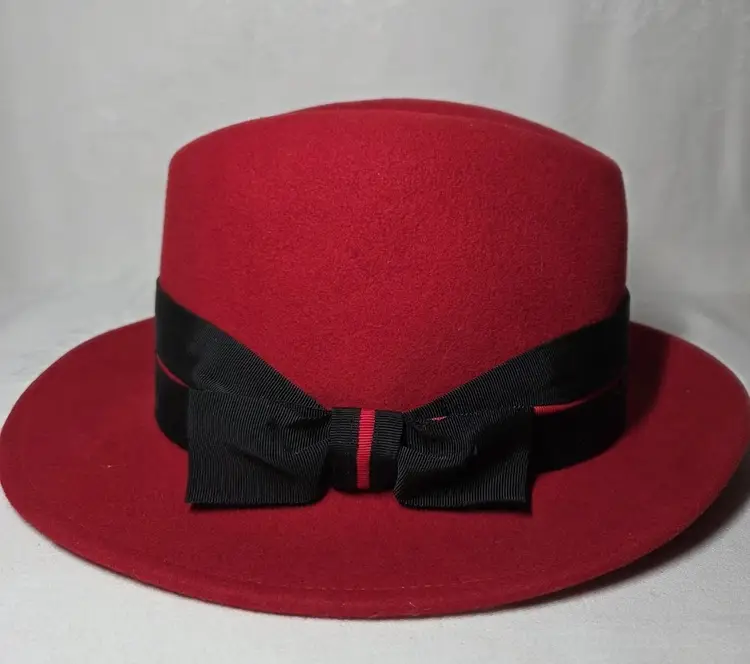 VTG Doeskin Felt Wool Hat Red Wms Fedora Made USA Geo Bollman & Co Ribbon Band