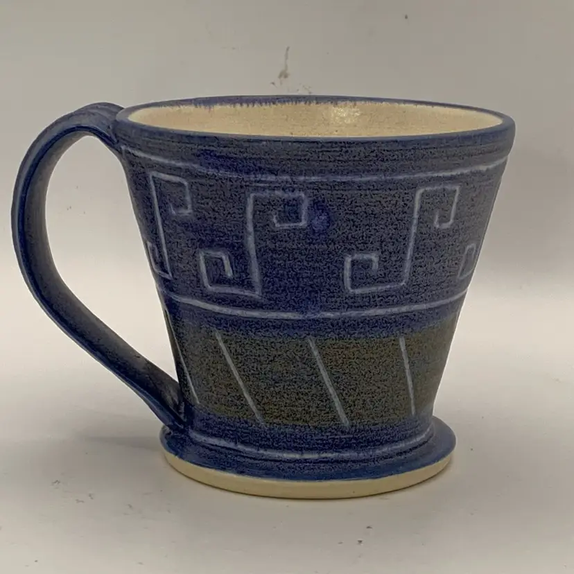 Handmade Pottery Mug Blue With Geometric Greek Key Design. Signed Decker or Becker? 11oz