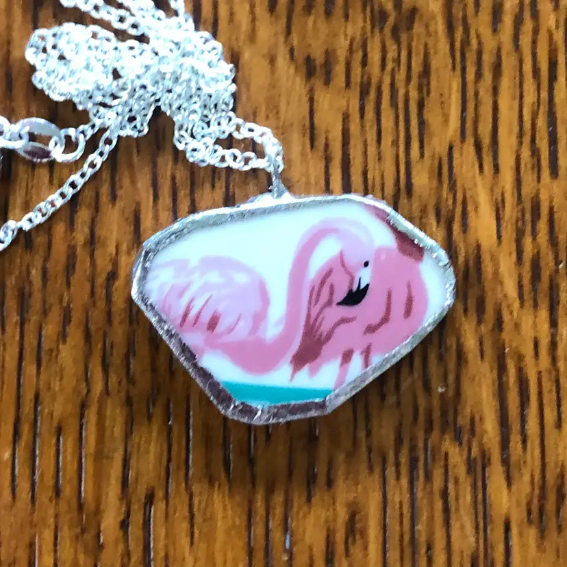 Oodelally Shop Broken Pottery Pendant Stoneware Flamingo Handcrafted Necklace