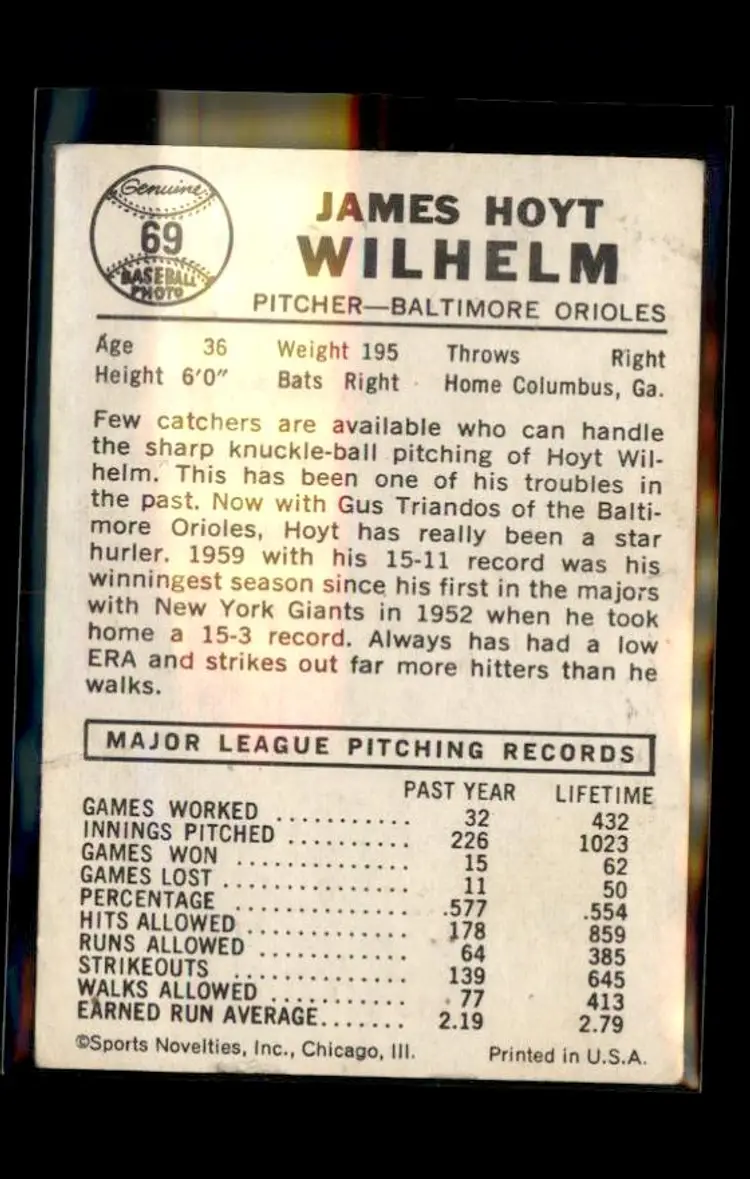 1960 Leaf #69 Hoyt Wilhelm - (pk1) - Baltimore Orioles