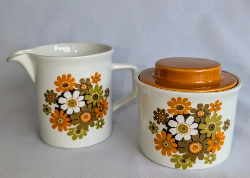 Johnson Bros. England Ironstone Creamer & Covered Sugar Set Retro Orange Green Florals