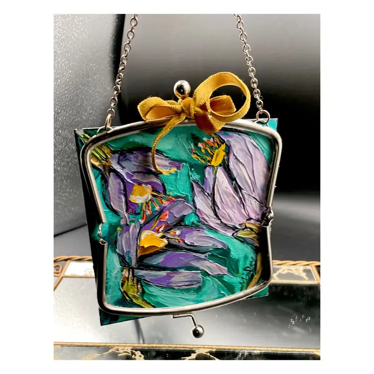 Saffron Crocus Beauty
New, Original Flower Painting 
On 5”x5” Canvas Panel 
With Attached Vintage Purse Frame