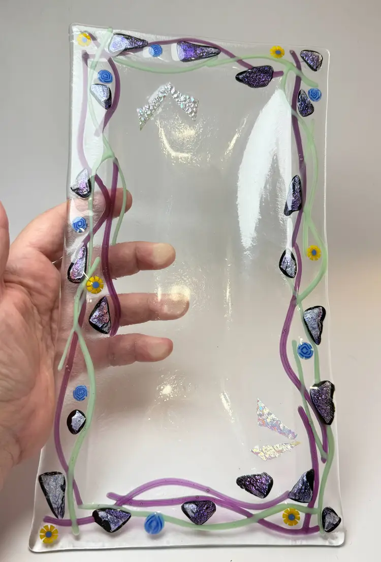 Fused Art Glass Artisan Made Dichroic Rectangle Platter Tray Purple Green Decor