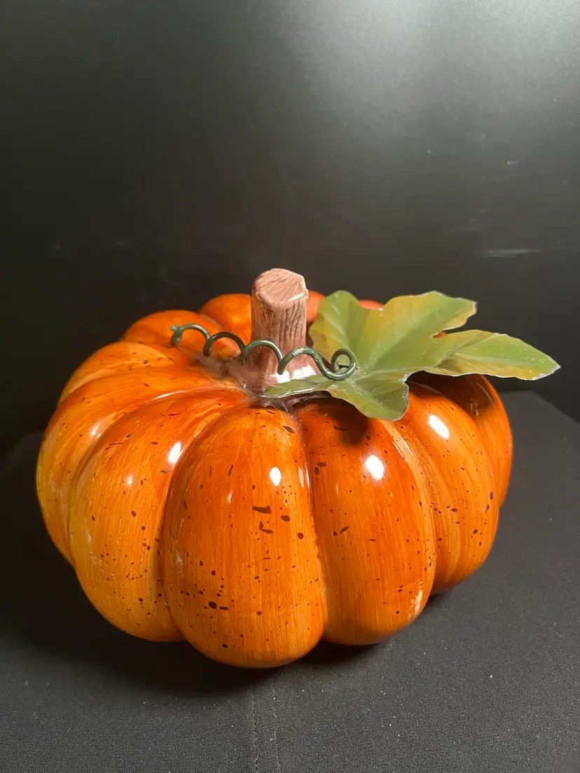 Glazed Orange Ceramic Pumpkin w/ Metal Leaf & Vine-Lot 59